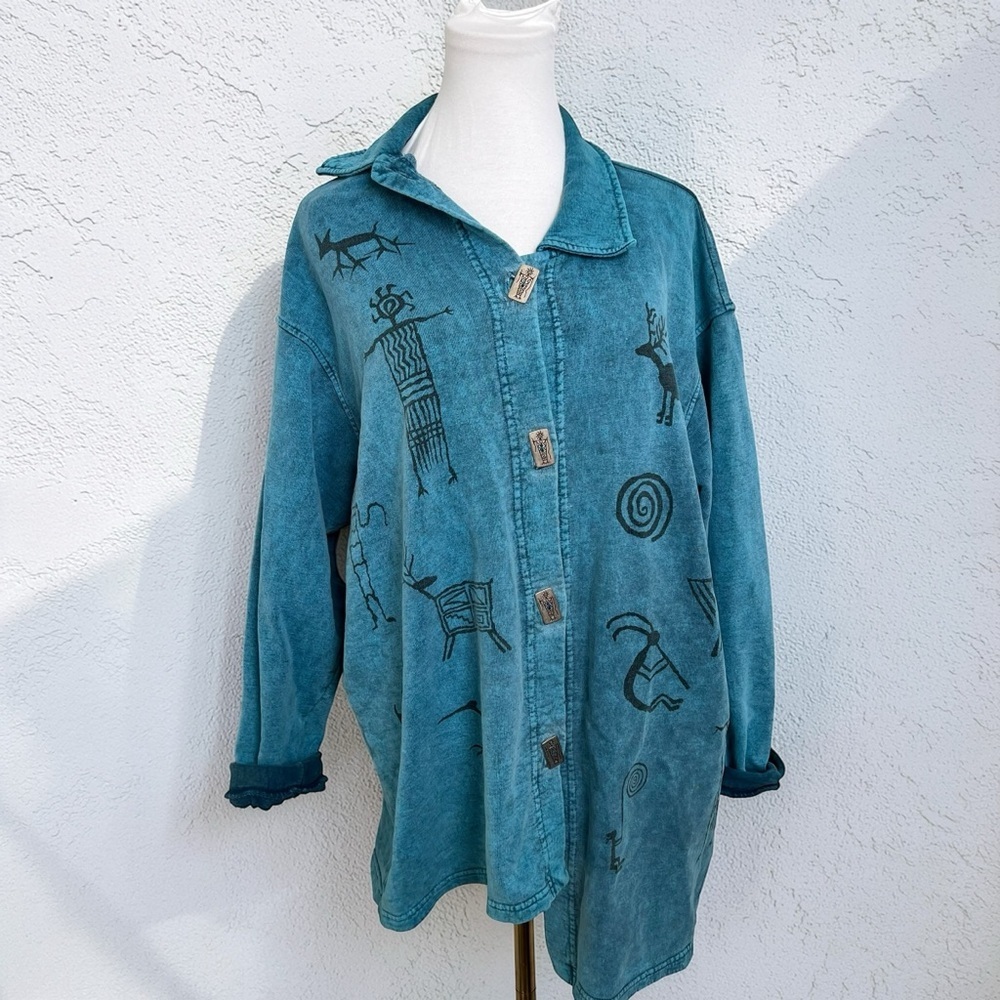 Vintage Southwestern Turquoise Button Up Shirt Kokopelli Petroglyph Print XL